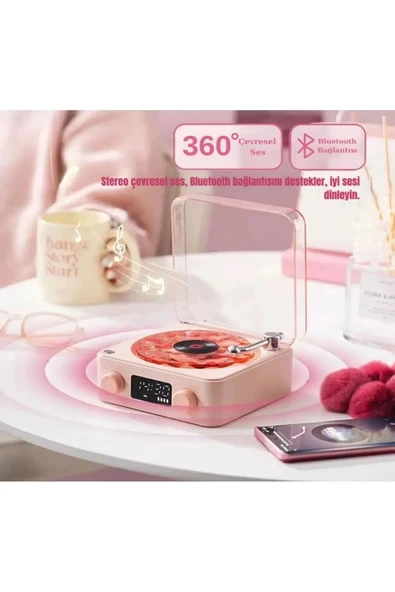 Waves Nostalji Plak Görünümlü Bluetooth Hoparlör 3d Ses Dalgası Retro Müzik Plak Pembe - 3