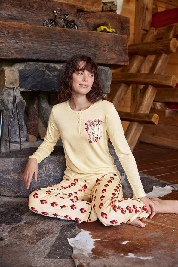 Aydoğan Kadın Mine Alt Poplin Üst Penye Sarı Pijama Takımı 10081