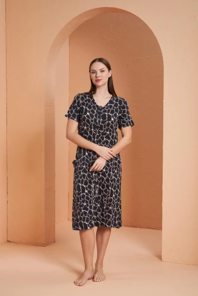 Pjs Kadın Viskon  Boydan Düğmeli Kısa Kollu Desenli Elbise - 2