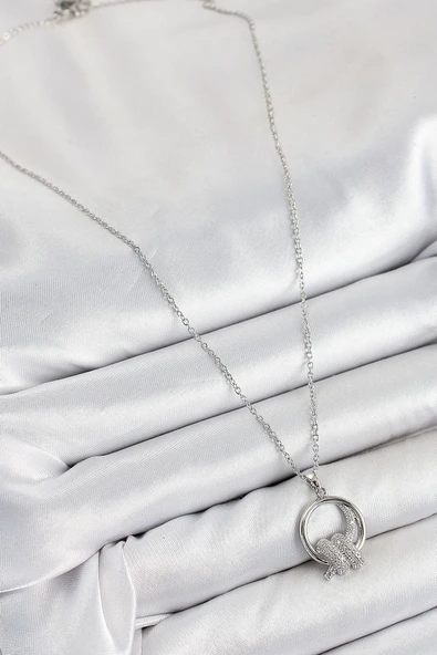 316L Çelik Zirkon Taşlı Düğüm Model Gümüş Renk Kadın Kolye - TJ-BKO10350 - 2