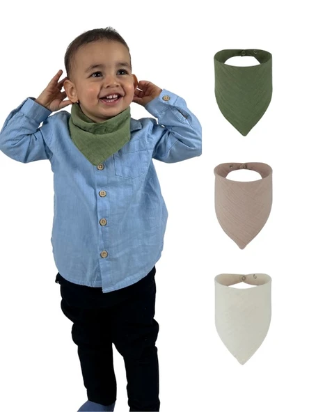 3'lü Müslin Çift Çıtçıtlı %100 Pamuk Bebek Mama / Salya Önlüğü Yeşil, Camel, Beyaz Renk