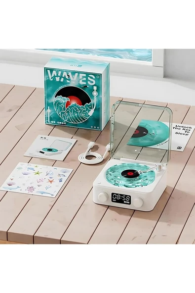 Waves Nostalji Plak Görünümlü Bluetooth Hoparlör 3d Ses Dalgası Retro Müzik Plak Mavi - 4