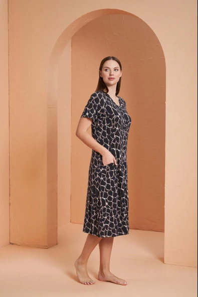 Pjs Kadın Viskon  Boydan Düğmeli Kısa Kollu Desenli Elbise - 3