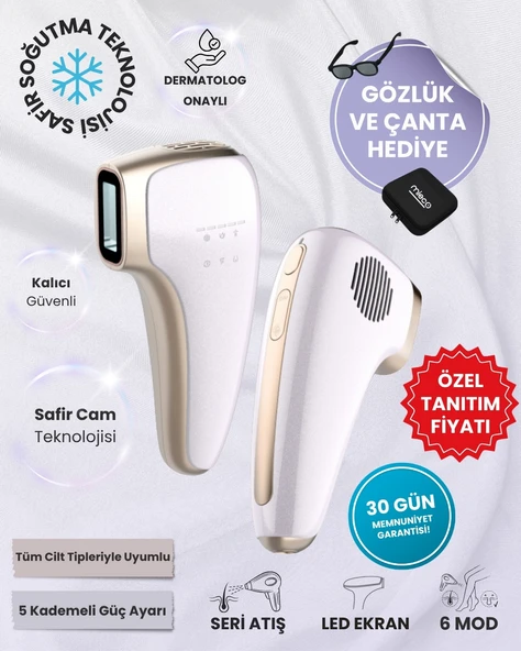 Mieco Sapphire Soğutma Özellikli IPL Lazer Epilasyon Aleti (Safir Cam) - MOR + Gözlük ve Çanta Hediyeli