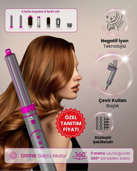 Mieco Aria 8 in 1  Uyumlu  Saç Kurutma ve Şekillendirme Seti - Pink ürün görseli