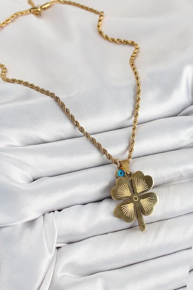 316L Çelik Burgu Zincirli Nazar Detaylı Yonca Model Gold Renk Kadın Kolye - TJ-BKO10377 - 2