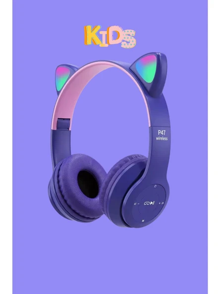 P47M Sevimli Renkli Kedi Kulak Üstü Bluetooth Kulaklık mor ürün görseli 1