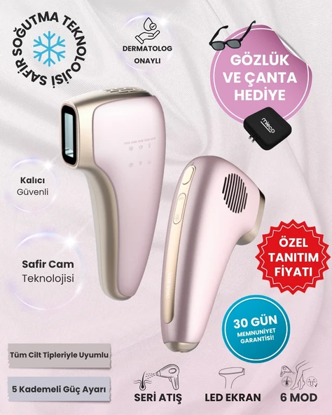 Mieco Safir Soğutma Özellikli ipl Lazer Epilasyon Aleti (Safir Cam)-Rosegold + Gözlük ve Çanta Hediyeli
