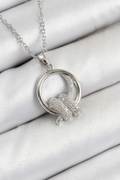 316L Çelik Zirkon Taşlı Düğüm Model Gümüş Renk Kadın Kolye - TJ-BKO10350