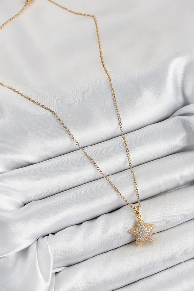 316L Çelik Zirkon Taşlı Yıldız Model Gold Renk Kadın Kolye - TJ-BKO10351 - 2