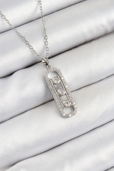 316L Çelik Zirkon Taşlı Messika Model Gümüş Renk Kadın Kolye - TJ-BKO10346