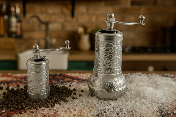 LUDIA Osmanlı Arması Motifli Baharat Değirmeni Gümüş Renk 2 li Set Top Küpe Hediyeli!