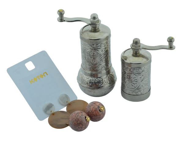 LUDIA Osmanlı Arması Motifli Baharat Değirmeni Gümüş Renk 2 li Set Top Küpe Hediyeli! - 3