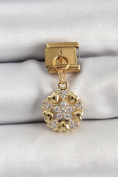 316L Çelik Sallantılı Zirkon Taşlı Kalp Detaylı Yıldz Model Gold Renk Nomination Charm - 1
