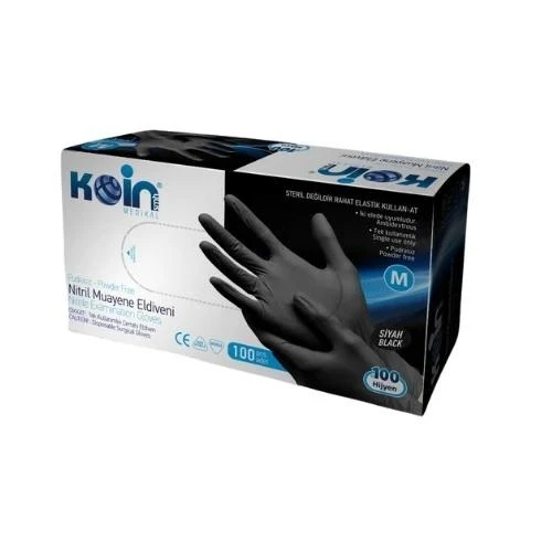 Koin Smh Medikal Pudrasız Nitril Latex Muayene Eldiveni Siyah 100 adet Medium M