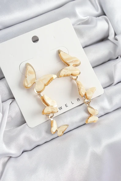 Pirinç Sedef Sallantılı Mermer Desenli Kelebek Model Gold Renk Vintage Kadın Küpe - 1
