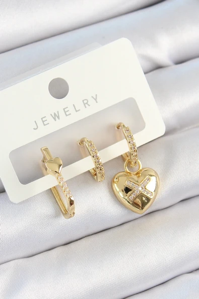 Pirinç Zirkon Taşlı Kalp Model Gold Renk 3'lü Çift Kadın Küpe Set - 1