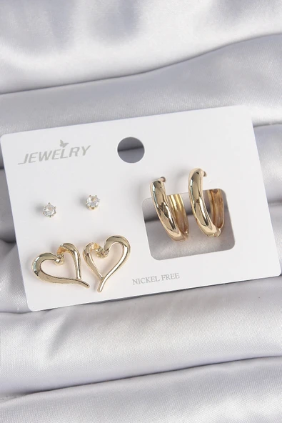 Pirinç Gold Renk Zirkon Taşlı Halka Model Kalp Detay 3 Çift Kadın Küpe Seti