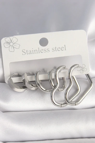 316L Çelik Gümüş Renk Halka Kalp Model Kadın Küpe Seti