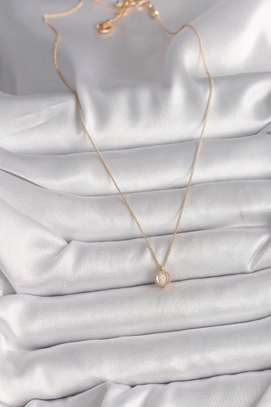 Pirinç Gold Renk Zirkon Taşlı Daire Kafes Model Kadın Kolye - 2