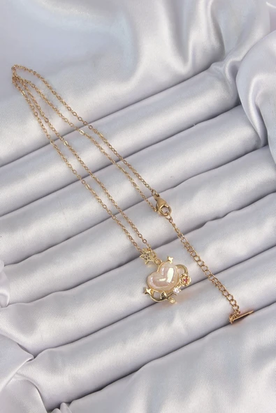 316L Çelik Zincir Altın Renk Sedefli Kalp Figür Zirkon Taşlı Gezegen Kolye - 2