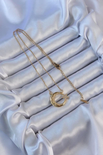 316L Çelik Zincir Altın Renk Zirkon Taşlı Motifli Ay Yıldız Kolye - 2