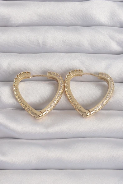 Pirinç Gold Renk Zirkon Taşlı Motifli Kalp Küpe - 1