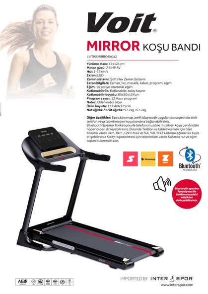 Voit Mirror Otomatik Eğimli Koşu Bandı 2.5hp Katlanabilir Bluetooth'lu 110kg - 3