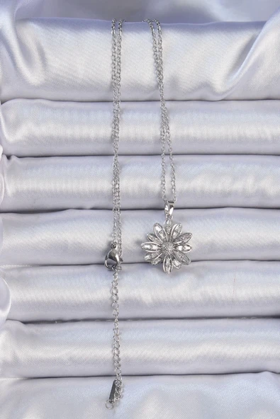 316L Çelik Zincir Gümüş Renk Zirkon Taşlı Çiçek Kolye - 2