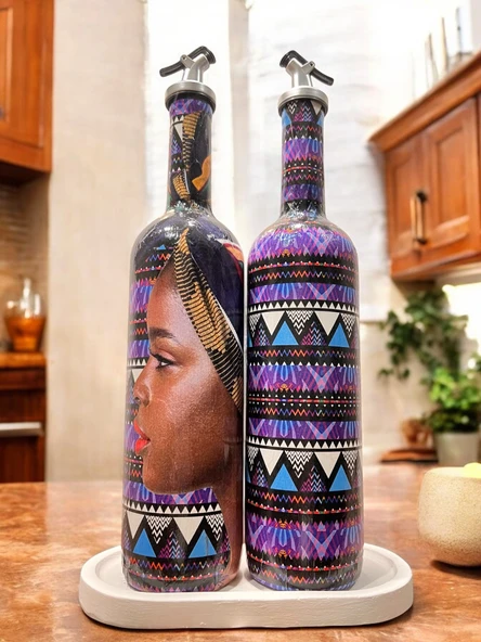 Afrikalı Kadın ve Geometrik Desenli Özel Tasarım Yağdanlık-Sirkelik Sosluk Seti- Ev ve Mutfak Dekoru ürün görseli