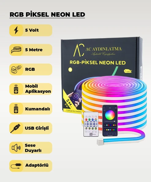 USB Neon RGB Piksel Şerit Led - Animasyonlu - Sese Duyarlı - 5 Metre (Aplikasyon - Kumandalı)) - 1