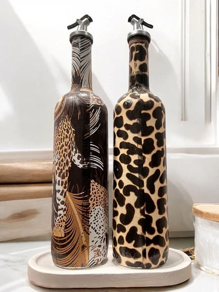 Leopar Desenli Zeytinyağı Sıvıyağ Şişesi Yağdanlık Yağlık, Sirkelik, Sosluk 2'li Set, Ev dekoru - 4