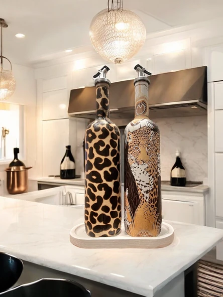 Leopar Desenli Zeytinyağı Sıvıyağ Şişesi Yağdanlık Yağlık, Sirkelik, Sosluk 2'li Set, Ev dekoru - 5