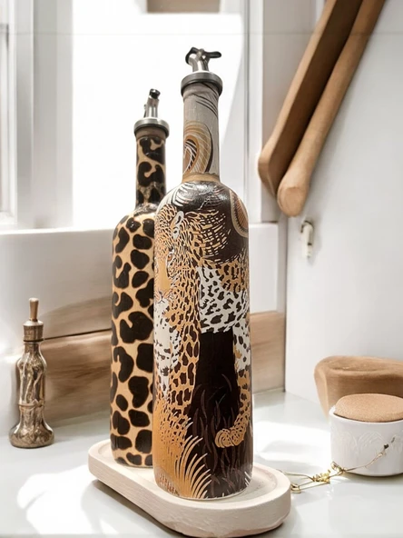 Leopar Desenli Zeytinyağı Sıvıyağ Şişesi Yağdanlık Yağlık, Sirkelik, Sosluk 2'li Set, Ev dekoru - 2