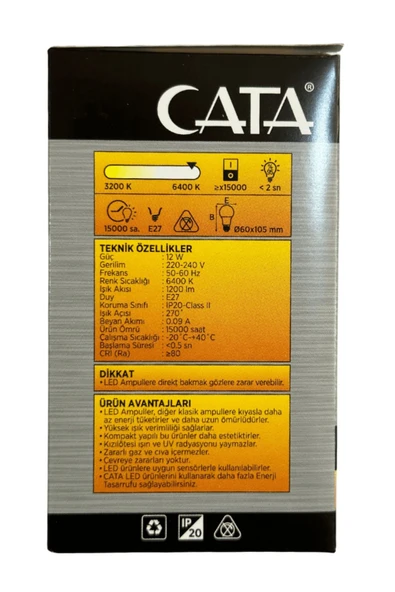 Cata CT-4266 12W 6400K (Beyaz Işık) E27 Duylu Led Ampul (8 Adet) - 3