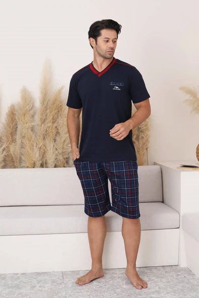 Erkek V Yaka Düğmesiz Ekose Desen Kısa Kol Cepli Şortlu %100 Pamuk Pijama Takımı - 6