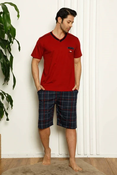 Erkek V Yaka Düğmesiz Ekose Desen Kısa Kol Cepli Şortlu %100 Pamuk Pijama Takımı - 2