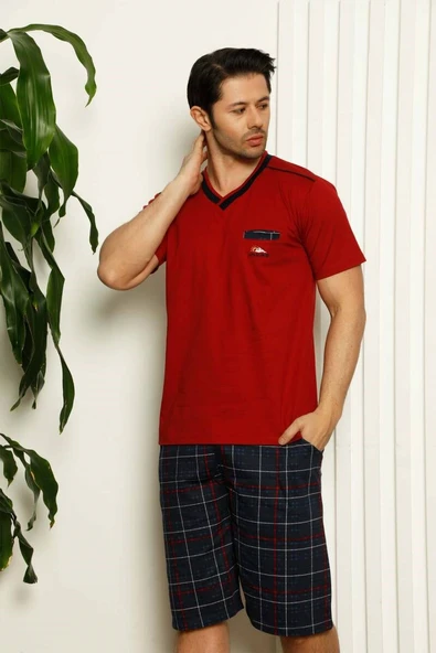 Erkek V Yaka Düğmesiz Ekose Desen Kısa Kol Cepli Şortlu %100 Pamuk Pijama Takımı - 3