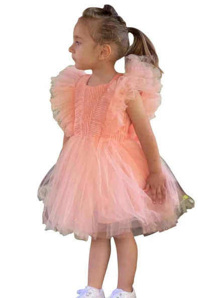 Kız Çocuk Omuzları Tüllü Üzeri Boydan Simli Kolsuz Somon Abiye - Resim 6