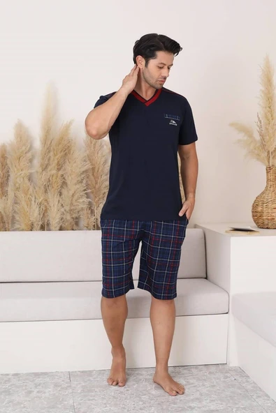 Erkek V Yaka Düğmesiz Ekose Desen Kısa Kol Cepli Şortlu %100 Pamuk Pijama Takımı - 5