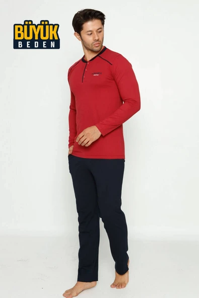 Erkek 3 Düğmeli Pamuk Likra Büyük Beden Uzun Kol Cepli Pijama Takımı - 5