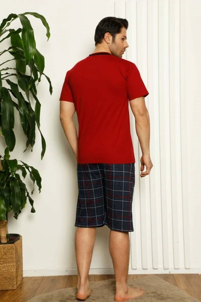 Erkek V Yaka Düğmesiz Ekose Desen Kısa Kol Cepli Şortlu %100 Pamuk Pijama Takımı - 4