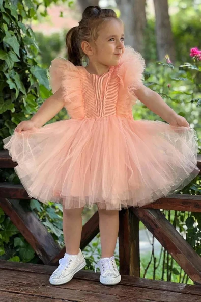 Kız Çocuk Omuzları Tüllü Üzeri Boydan Simli Kolsuz Somon Abiye ürün görseli