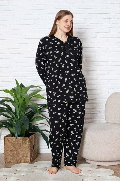 Kadın Papatya Desenli V Yaka 3 Düğmeli Viskon Büyük Beden Mevsimlik Uzun Kol Pijama Takımı - 4