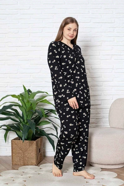 Kadın Papatya Desenli V Yaka 3 Düğmeli Viskon Büyük Beden Mevsimlik Uzun Kol Pijama Takımı - 2