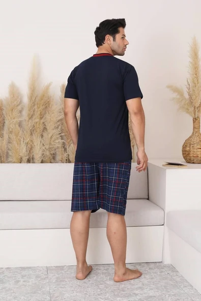 Erkek V Yaka Düğmesiz Ekose Desen Kısa Kol Cepli Şortlu %100 Pamuk Pijama Takımı - 8