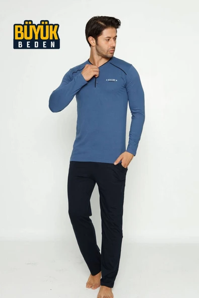 Erkek 3 Düğmeli Pamuk Likra Büyük Beden Uzun Kol Cepli Pijama Takımı - 2