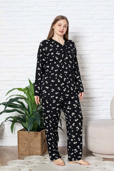 Kadın Papatya Desenli V Yaka 3 Düğmeli Viskon Büyük Beden Mevsimlik Uzun Kol Pijama Takımı - 5