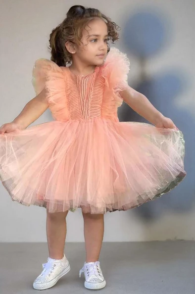 Kız Çocuk Omuzları Tüllü Üzeri Boydan Simli Kolsuz Somon Abiye - Resim 8