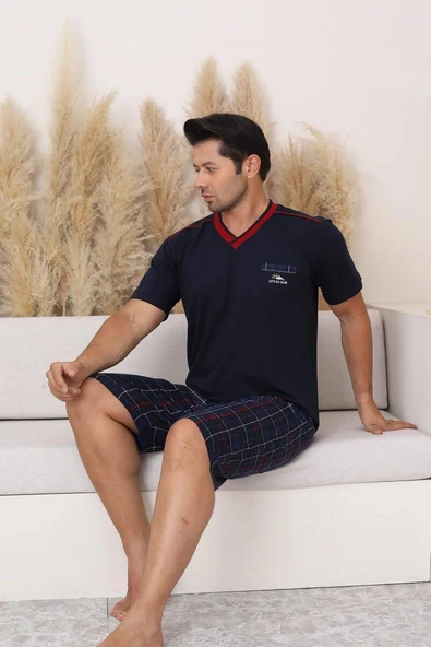 Erkek V Yaka Düğmesiz Ekose Desen Kısa Kol Cepli Şortlu %100 Pamuk Pijama Takımı - 7